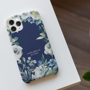 Elegant Navy Blue White Floral Winter Monogram