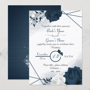 elegant navy blue & white flowers wedding invitati invitation