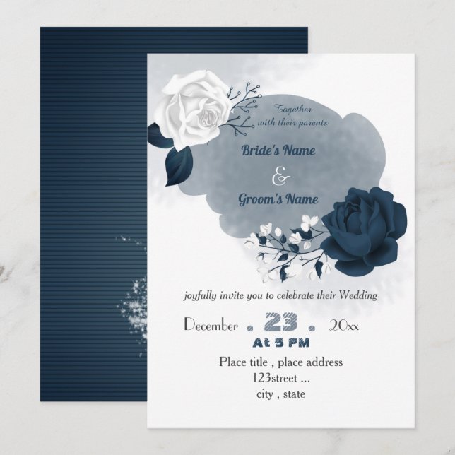 elegant navy blue & white flowers wedding  invitation (Front/Back)