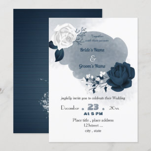 elegant navy blue & white flowers wedding  invitation