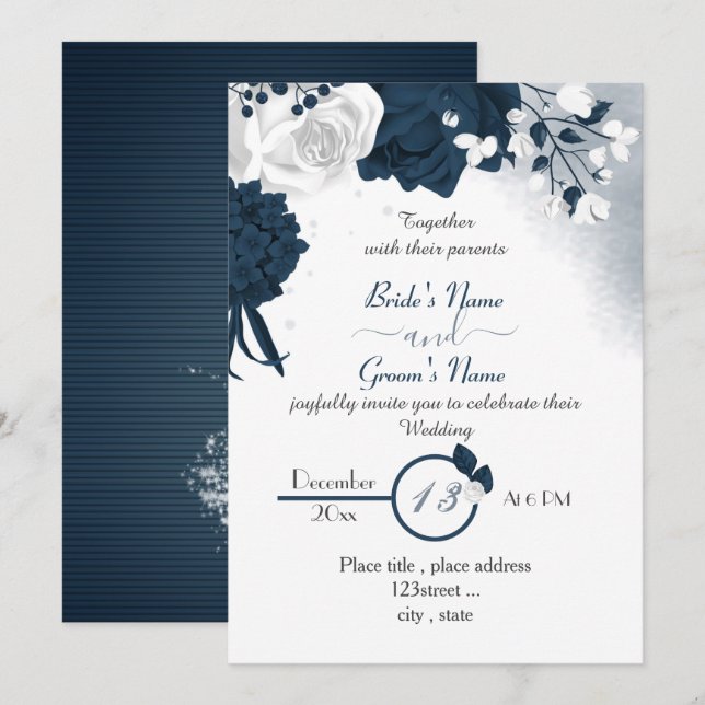 elegant navy blue & white flowers wedding invitation (Front/Back)
