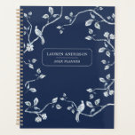 Elegant Navy Blue & white French toile Planner<br><div class="desc">Elegant Personalised Undated Planner with blue and white French toile birds on tree branches on Navy Blue background</div>