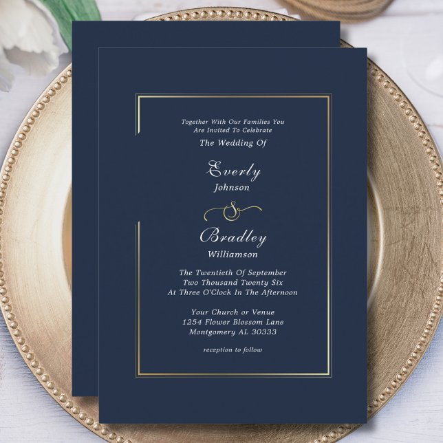  Elegant Navy Blue White Gold Border Wedding Invitation (Creator Uploaded)