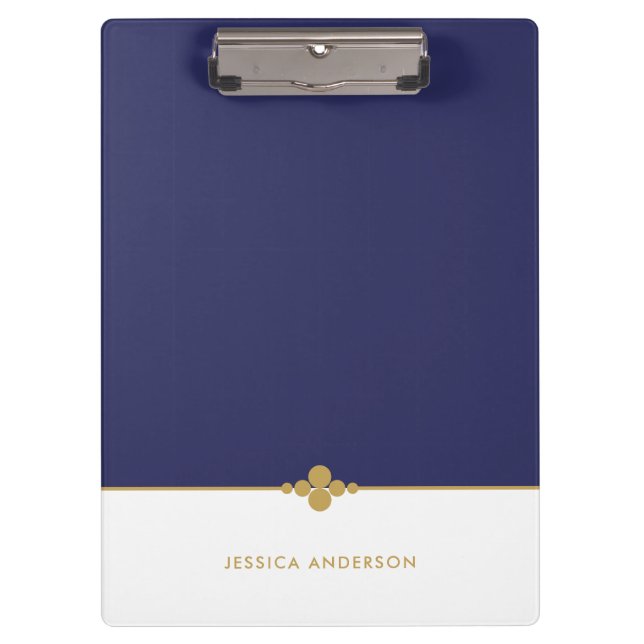 Elegant Navy Blue White Gold Personalised Clipboard (Front)