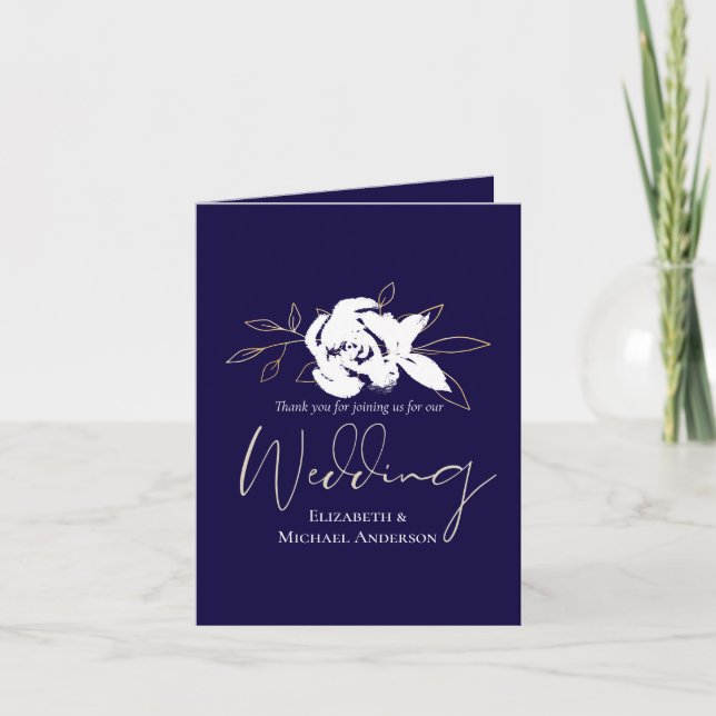 Elegant Navy Blue White Gold Wedding Note Card (Front)