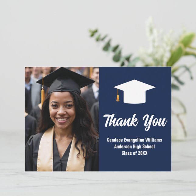Elegant Navy Blue White Graduate Photo Graduation Thank You Card (Standing Front)