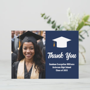 Elegant Navy Blue White Graduate Photo Graduation Thank You Card