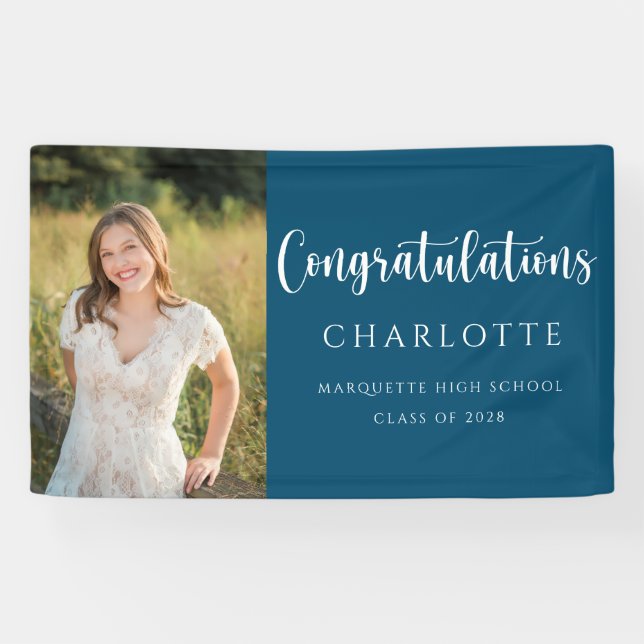 Elegant Navy Blue White Graduation Photo Banner (Horizontal)