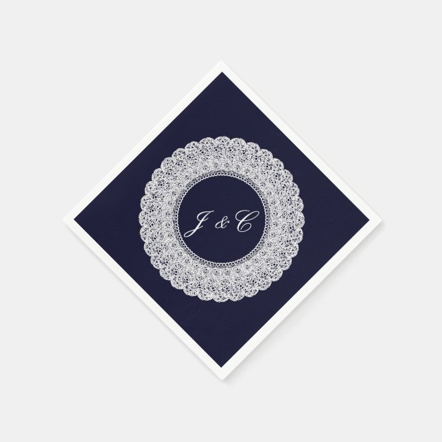 Elegant navy blue & white lace cocktail napkin (Corner)