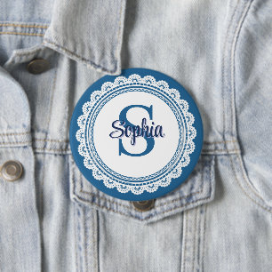 Elegant Navy Blue White Lace Monogram Name 10 Cm Round Badge
