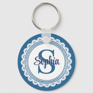 Elegant Navy Blue White Lace Monogram Name Key Ring