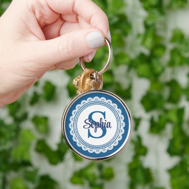 Elegant Navy Blue White Lace Monogram Name Key Ring (Hand)