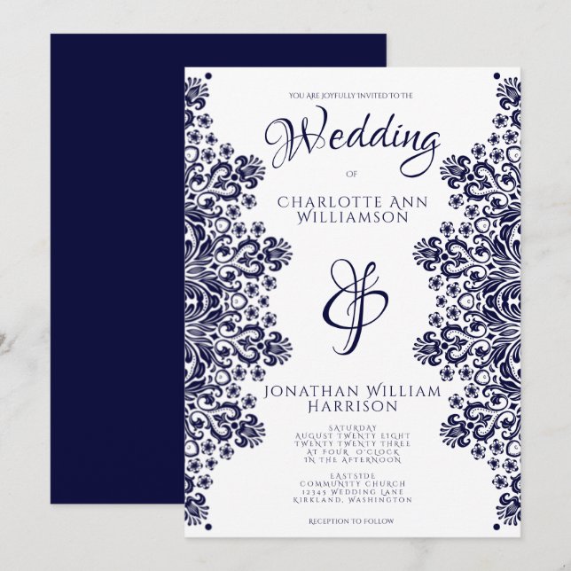 Elegant Navy Blue White Lace Romantic Wedding Invi Invitation (Front/Back)