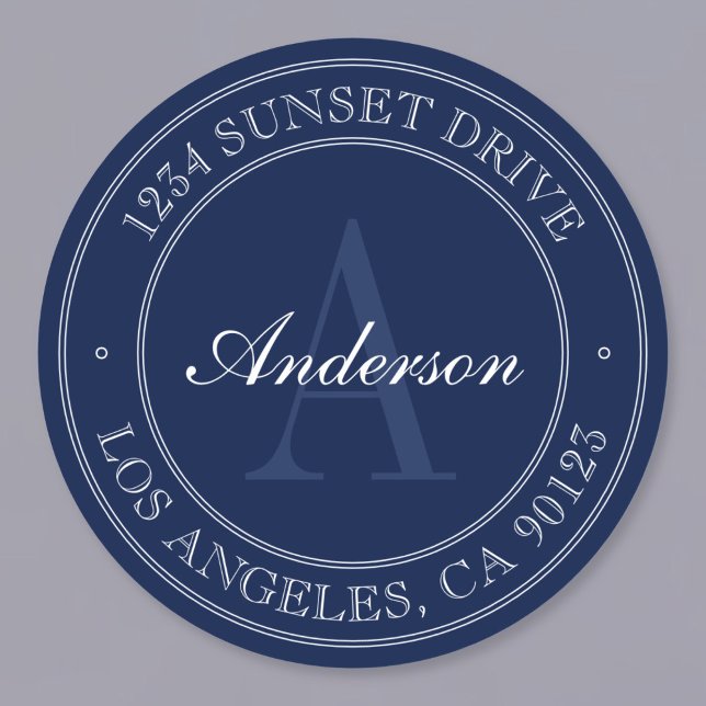 Elegant Navy Blue & White Monogram Address Classic Round Sticker (Creator Uploaded)