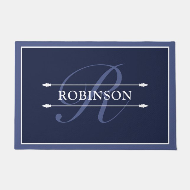 Elegant Navy Blue White Monogram & Name Doormat (Front)