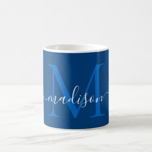 Elegant Navy Blue White Monogram Script Stylish Coffee Mug
