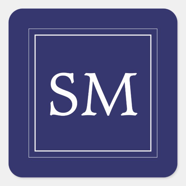 Elegant Navy Blue White Monogram Wedding Square Sticker (Front)