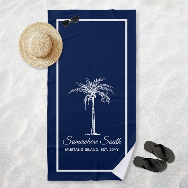 Elegant Navy Blue White Palm Tree Personalised Beach Towel (Elegant Navy Blue White Palm Tree Personalized Beach Towel)