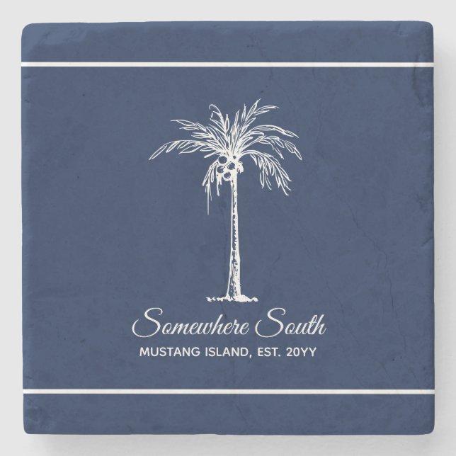 Elegant Navy Blue White Palm Tree Personalised Stone Coaster (Front)
