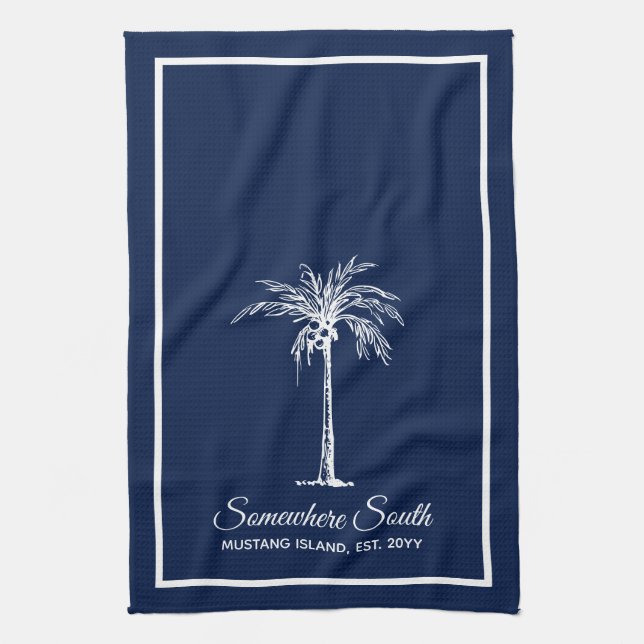 Elegant Navy Blue White Palm Tree Personalised Tea Towel (Vertical)