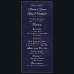 Elegant Navy Blue White Rehearsal Dinner Menu<br><div class="desc">This elegant 4" x 9" rehearsal dinner menu features a rich navy blue textured background with refined script and classic serif typography for a timeless, formal look. Designed in a tall, slim format, this menu displays each course clearly while adding a polished touch to rehearsal dinners, welcome dinners, and wedding...</div>