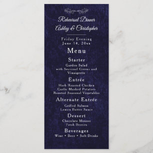 Elegant Navy Blue White Rehearsal Dinner Menu