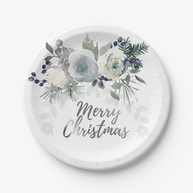 Elegant Navy Blue White Rose Merry Christmas Paper Plate (Front)