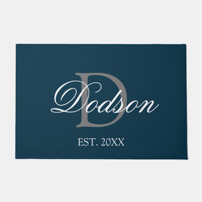Elegant Navy Blue White Script Monogram Name Doormat (Front)