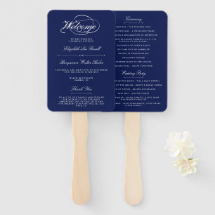 Elegant Navy Blue & White Script Wedding Program Hand Fan