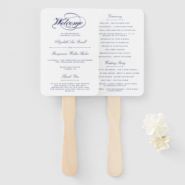 Elegant Navy Blue & White Script Wedding Program Hand Fan (Front and Back)
