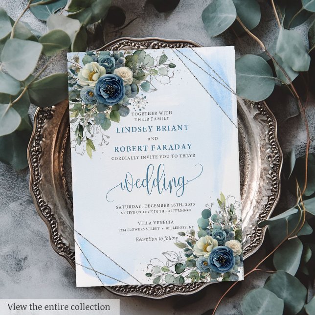 Elegant Navy Blue White Silver Floral Wedding  Invitation (Elegant Navy Blue White Silver Floral Wedding Invite)