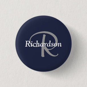 Elegant Navy Blue White Silver Grey Monogrammed 3 Cm Round Badge