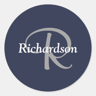 Elegant Navy Blue White Silver Grey Monogrammed Classic Round Sticker
