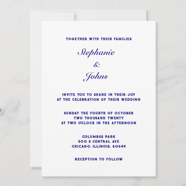 Elegant Navy Blue White Simple Minimal Wedding Invitation (Front)