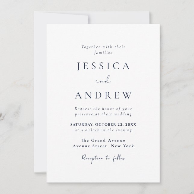 Elegant Navy Blue & White Simple Wedding Invitation (Front)