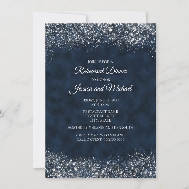Elegant Navy Blue White Stardust Wedding Rehearsal Invitation (Front)
