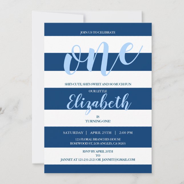 Elegant Navy Blue White Stripes Birthday Party Invitation (Front)