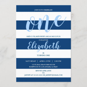 Elegant Navy Blue White Stripes Birthday Party Invitation