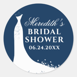 Elegant Navy Blue White Wedding Gown Bridal Shower Classic Round Sticker