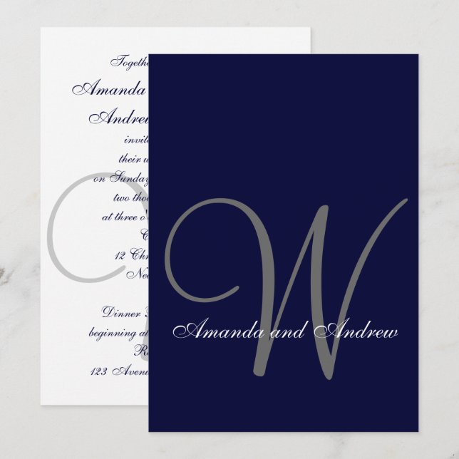 Elegant Navy Blue White Wedding Invitation Initial (Front/Back)