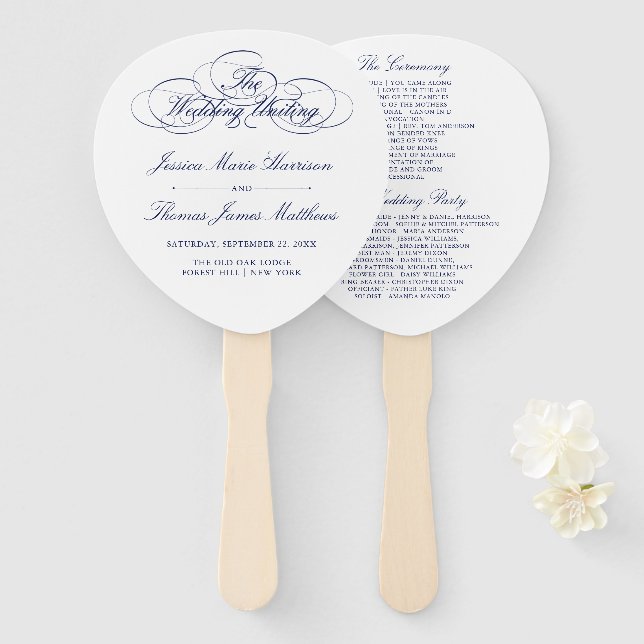 Elegant Navy Blue & White Wedding Program Template Hand Fan (Front and Back)