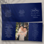 Elegant Navy Blue & White Wedding Tri-Fold Programme<br><div class="desc">These beautiful programs are perfect for anyone getting married this year. The design features elegant white wording on a navy blue background, very trendy but with a timeless feel. The template wording is easy to personalise and there is also space to include your favourite photo. If you would like to...</div>