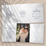 Elegant Navy Blue & White Wedding Tri-Fold Programme<br><div class="desc">These beautiful programs are perfect for anyone getting married this year. The design features navy blue wording on a fresh white background, very trendy but with a timeless feel. The template wording is easy to personalise and there is also space to include your favourite photo. If you would like to...</div>
