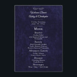 Elegant Navy Blue White Welcome Dinner Menu<br><div class="desc">This elegant 4.5" x 6.25" wedding menu features a rich navy blue textured background with refined script and classic serif typography for a timeless, formal look. Designed to display each course clearly in a compact format, this menu is perfect for welcome dinners, rehearsal dinners, and wedding receptions. The deep navy...</div>