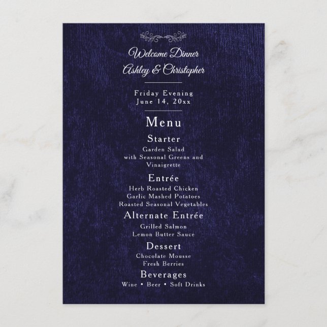 Elegant Navy Blue White Welcome Dinner Menu (Front)