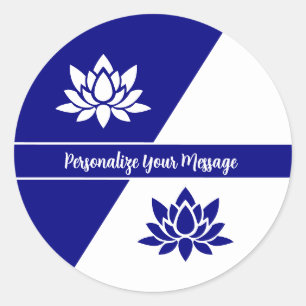 Elegant Navy Blue White Zen Yoga Lotus Flower Classic Round Sticker