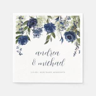Elegant Navy Blue Wildflowers Floral Wedding Napkin