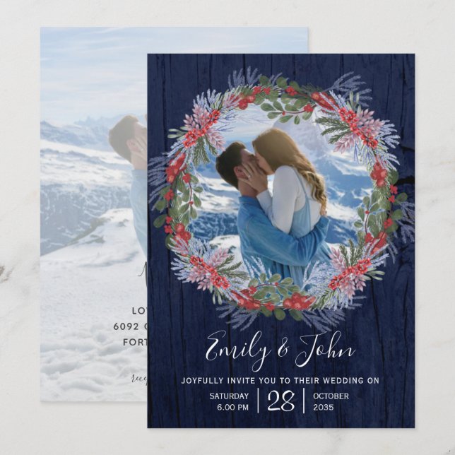 Elegant Navy Blue Winter Floral Wedding Invitation (Front/Back)