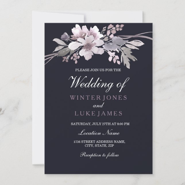 Elegant Navy Blue Winter Floral Wedding Invitation (Front)