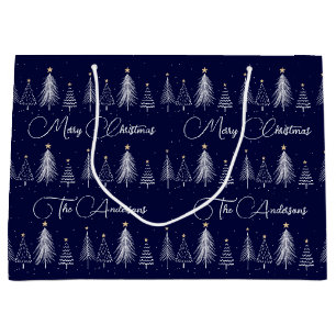 Elegant Navy Blue Winter Pine Trees Christmas Large Gift Bag